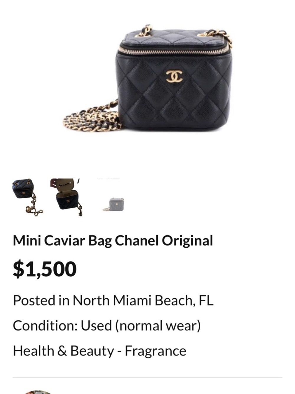 CHANEL Black Quilted Mini Caviar Vanity Bag with Gold Chain